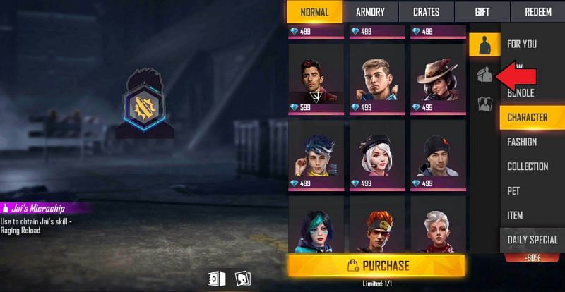 Tap on this icon to find the character bundles (Image via Free Fire)
