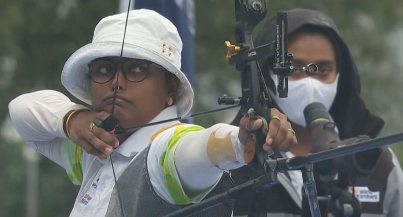 Deepika Kumari in action at the World Cup Final as Atanu Das looks on.