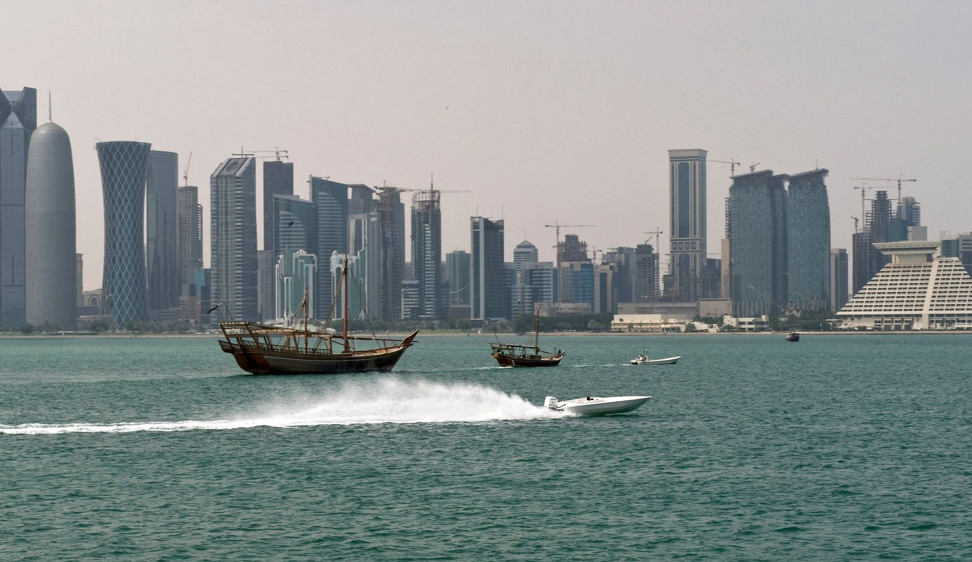 A general view of traditional boats in front of the Doha skyline ahead of the 2010 Qatar GP (MotoGP) at Losail Circuit in Doha, Qatar. (Photo by Mirco Lazzari gp/Getty Images)