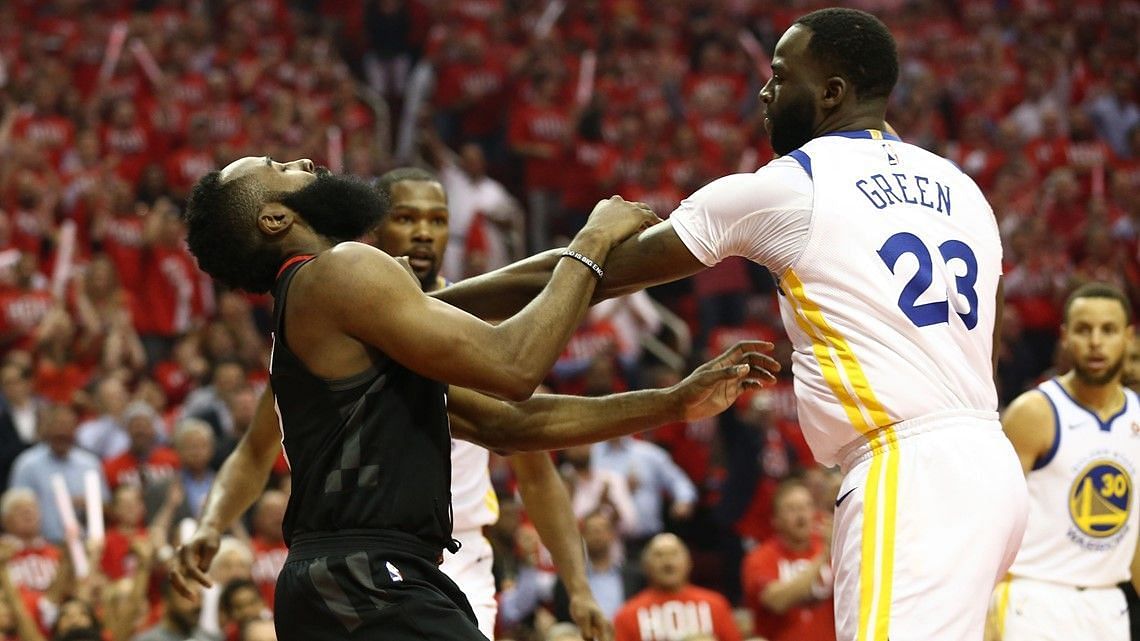 Draymond Green pushes James Harden in Game 1 of the 2018 WCF [Source: USA Today]