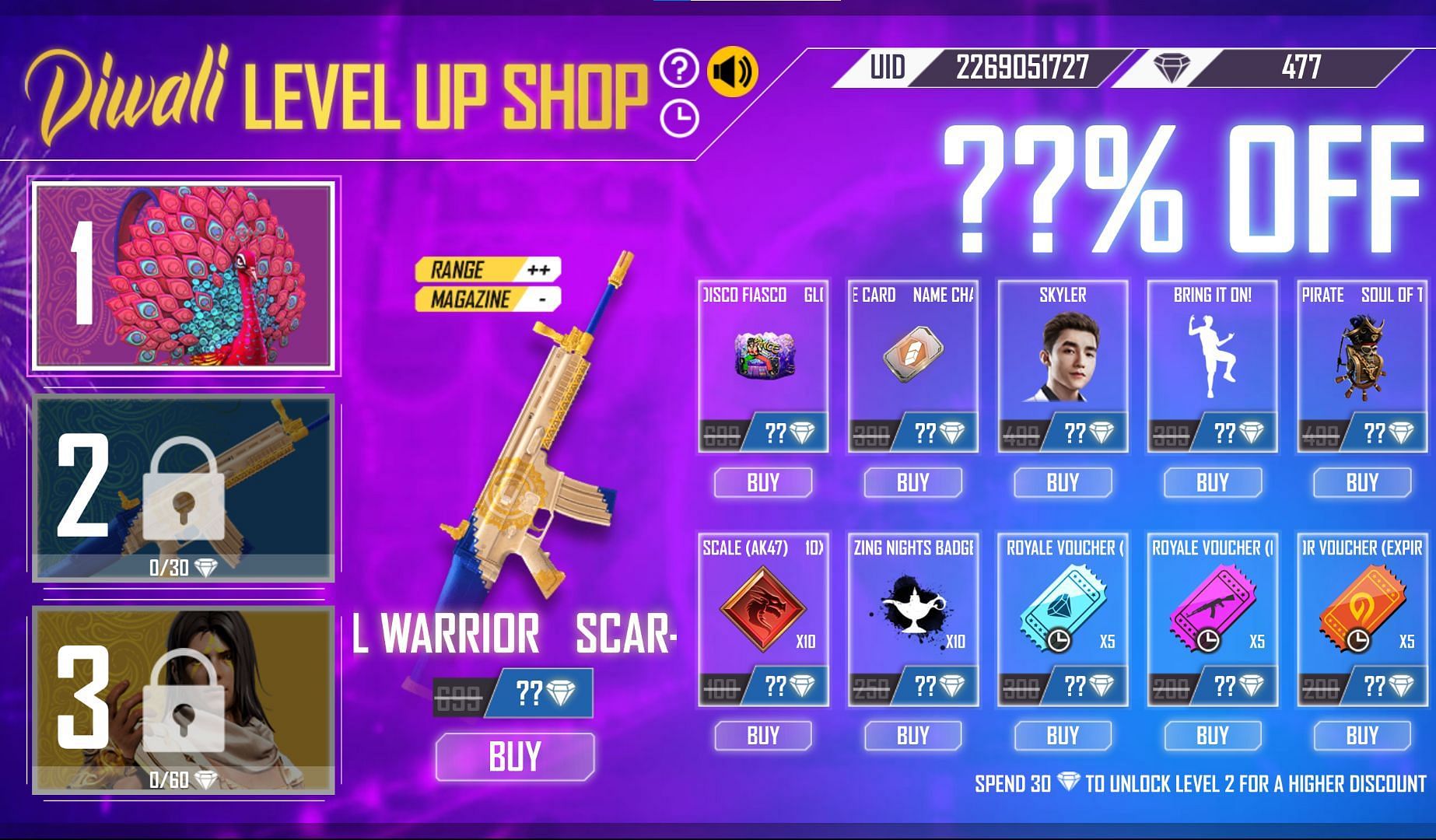 Users can get a name change card from level 2 of the Diwali Level Up Shop (Image via Free Fire)