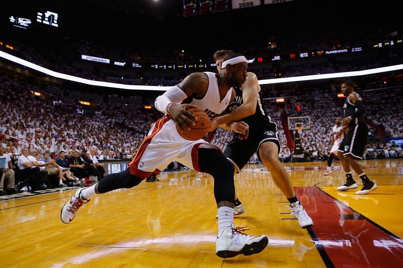 LeBron James drives to the basket against the Brooklyn Nets