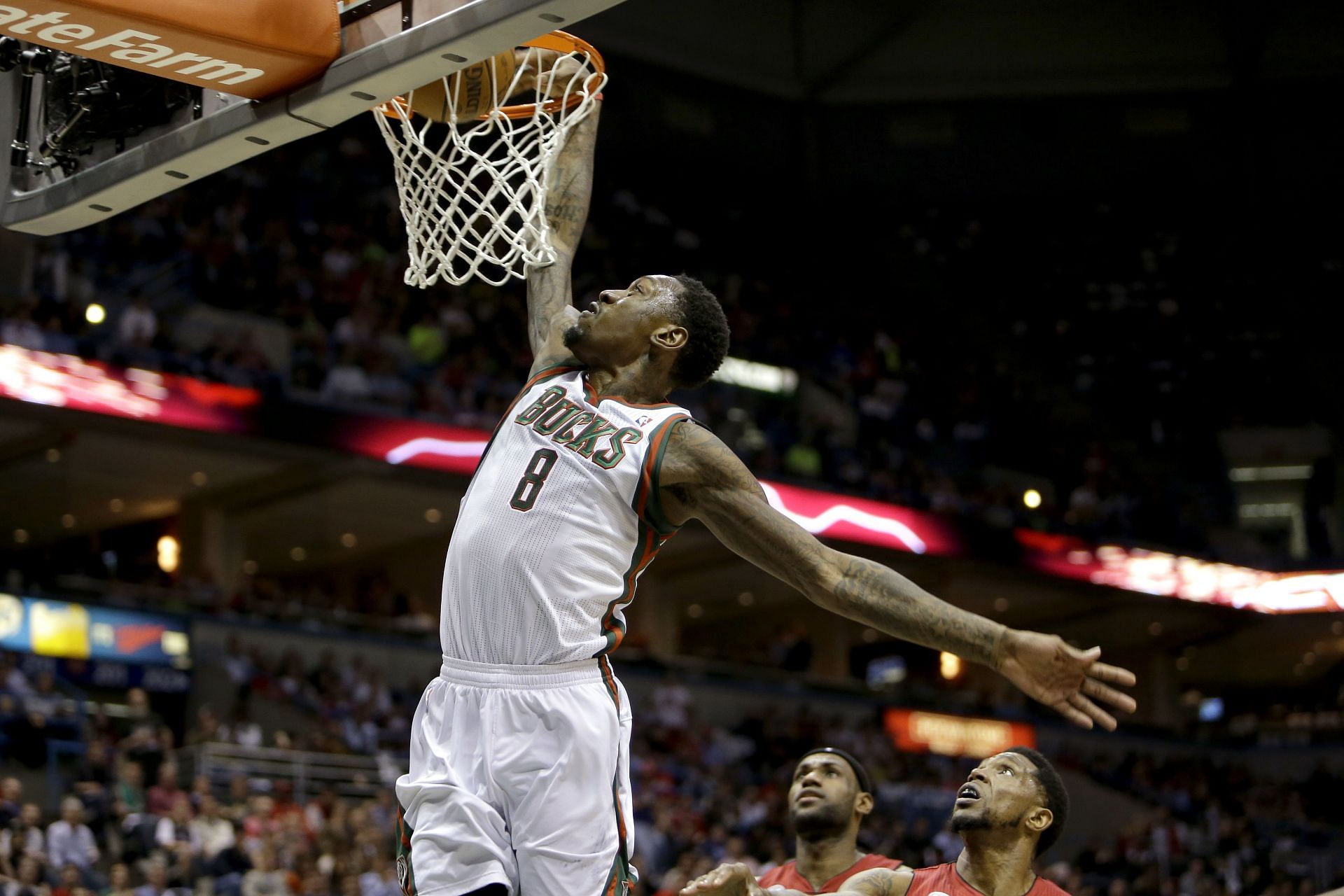 Larry Sanders #8 of the Milwaukee Bucks with the one handed jam on a fast break against the Miami Heat during Game Three of the Western Conference Quarterfinals of the 2013 NBA Playoffs at Bradley Center on APRIL 25, 2013 in Milwaukee, Wisconsin.