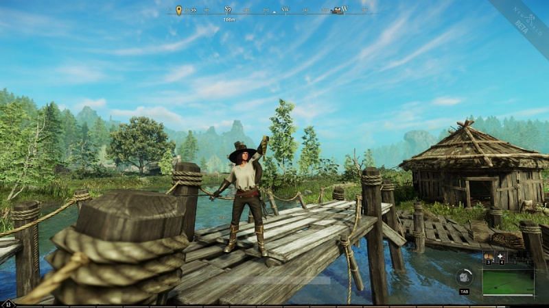 A player after catching a fish in New World. (Image via Amazon Games)