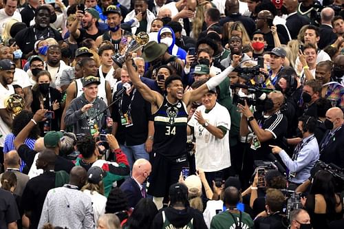 2021 NBA Finals Game Six - Giannis Antetokounmpo celebrates