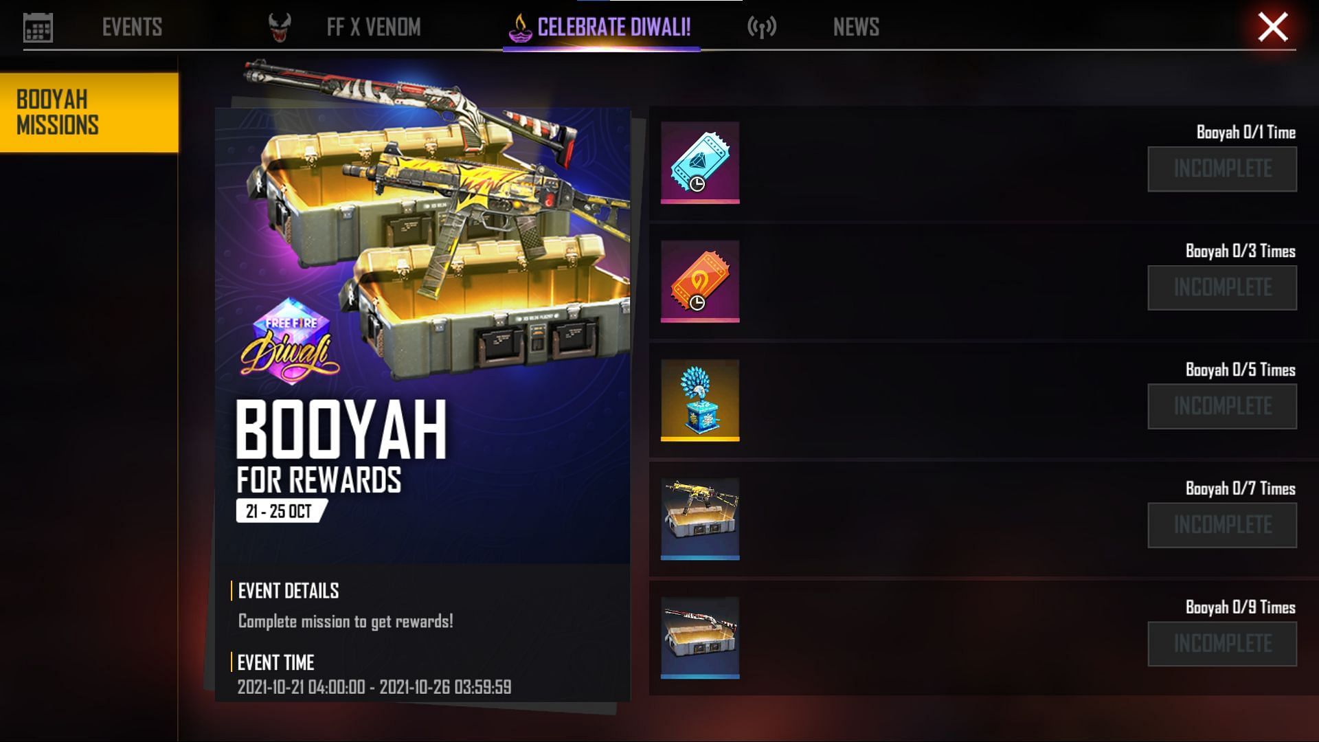 Players can open Booyah Missions under Celebrate Diwali to claim the rewards (Image via Free Fire)
