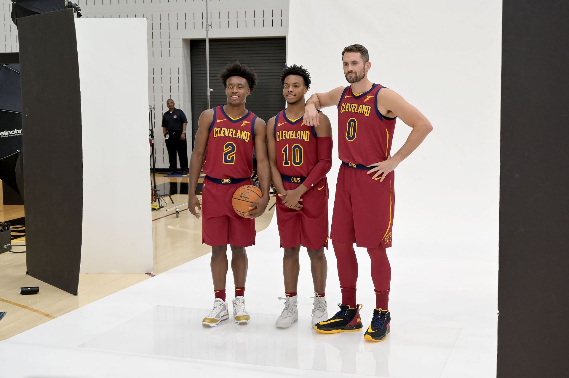 Collin Sexton, Darius Garland and Kevin Love of the Cleveland Cavaliers