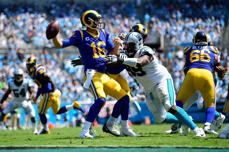 Kawann Short sacks ex-LA Rams QB Jared Goff while playing for the Carolina Panthers