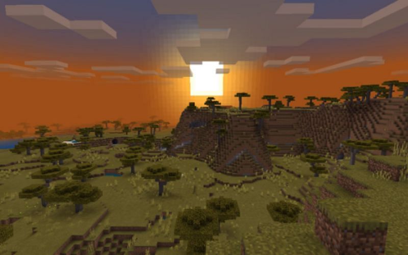 An image of a savanna biome at sunset. (Image via Minecraft)