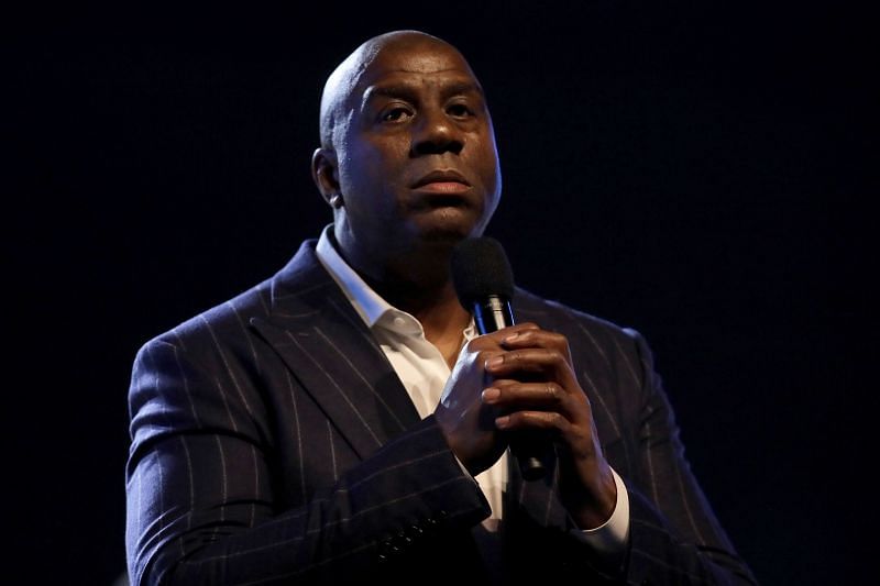 CHICAGO, ILLINOIS - FEBRUARY 16: Magic Johnson speaks to the crowd before the 69th NBA All-Star Game.