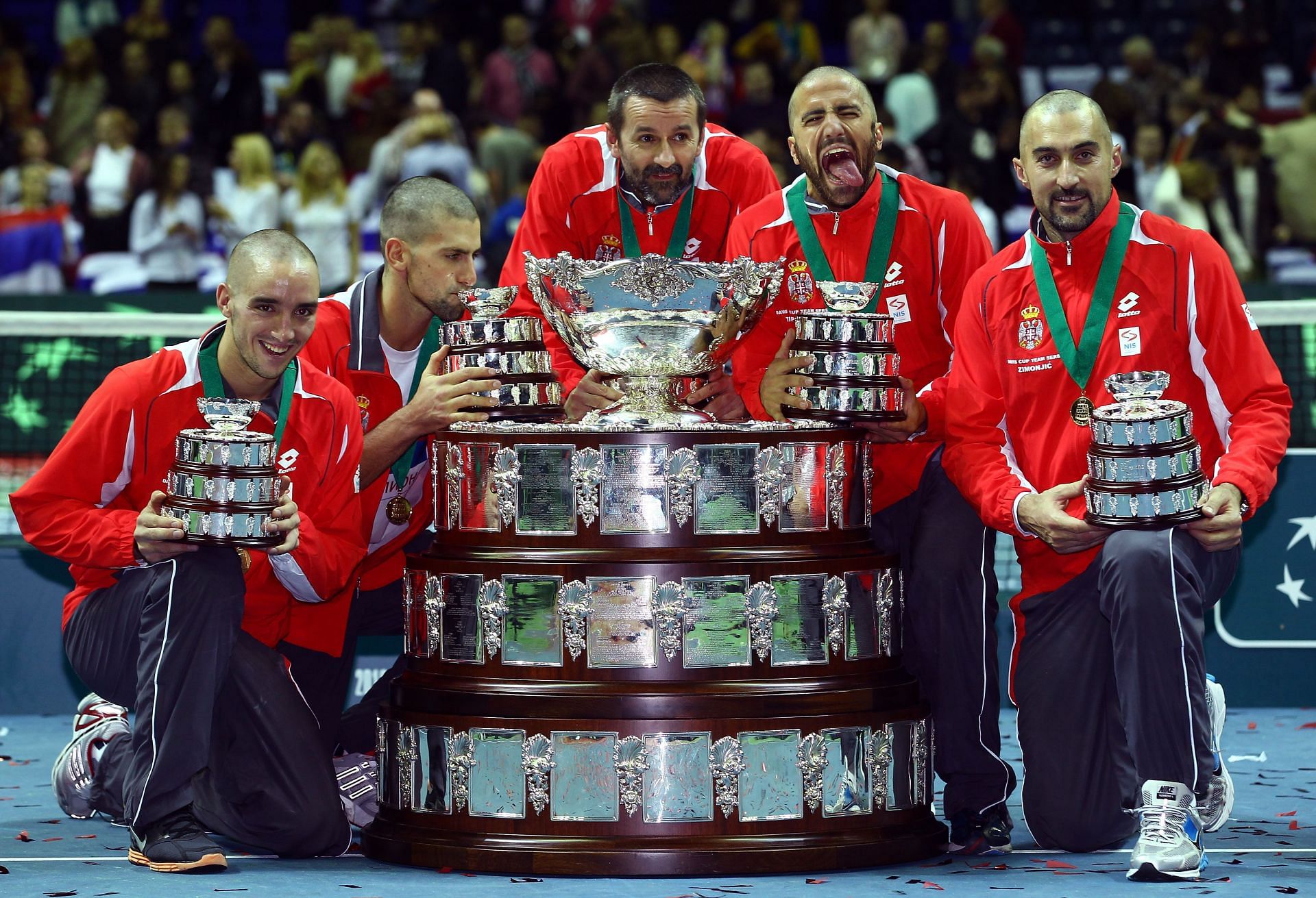 The Serbian team pose with their 2010 Davis Cup title