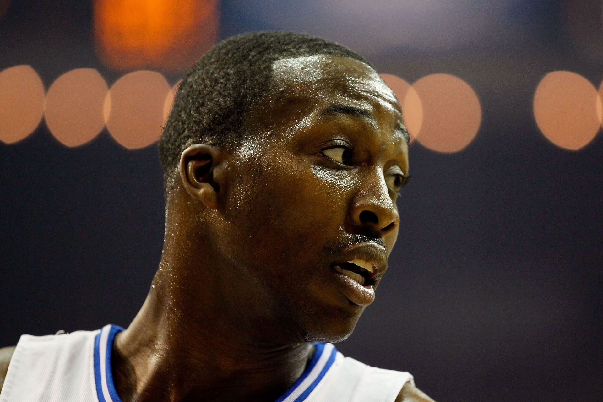 Dwight Howard #12 of the Orlando Magic looks on against the Boston Celtics in Game One of the Eastern Conference Finals during the 2010 NBA Playoffs at Amway Arena on May 16, 2010 in Orlando, Florida.