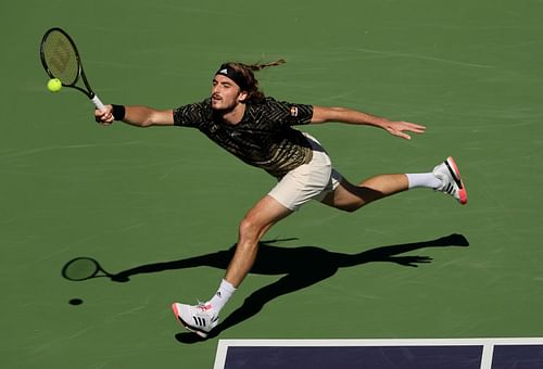 Stefanos Tsitsipas in action at the 2021 BNP Paribas Open.