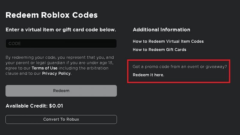 Promotional codes are similar to Roblox codes. (Image via Roblox)