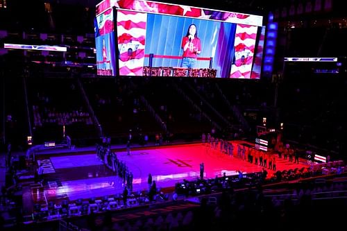 The Miami Heat and the Houston Rockets in a pre-game ceremony