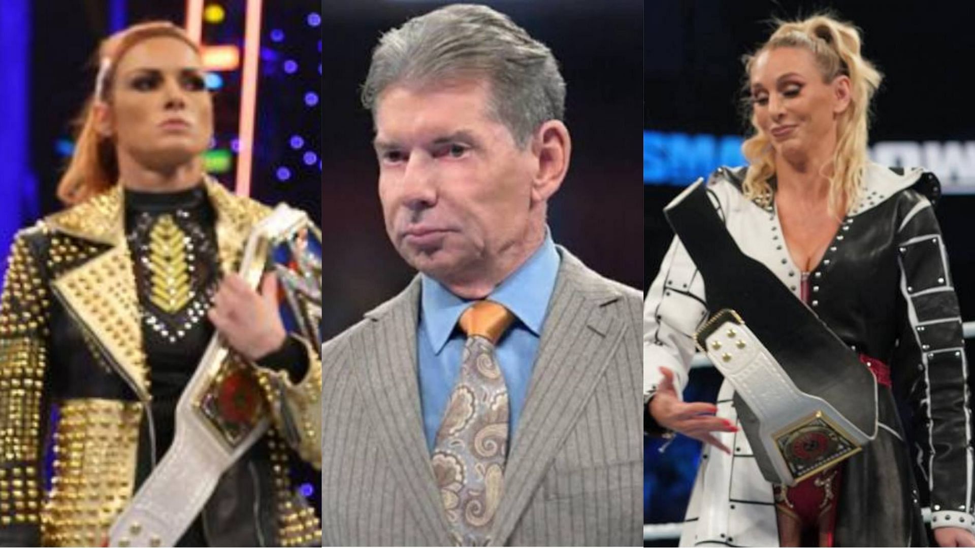 Becky Lynch (left), Vince McMahon (middle), and Charlotte Flair (right)