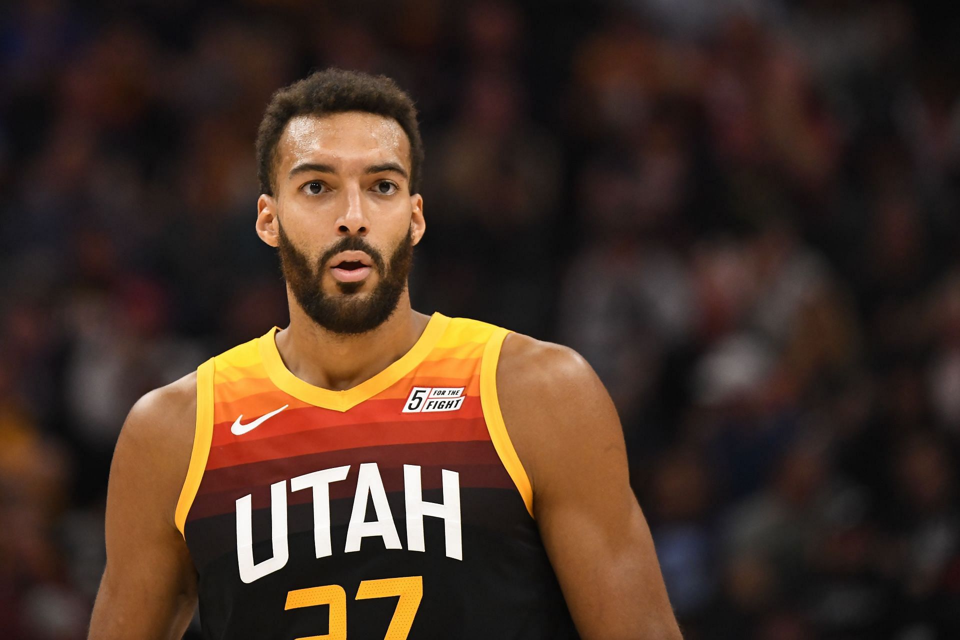 Rudy Gobert looks on in the Oklahoma City Thunder vs Utah Jazz game