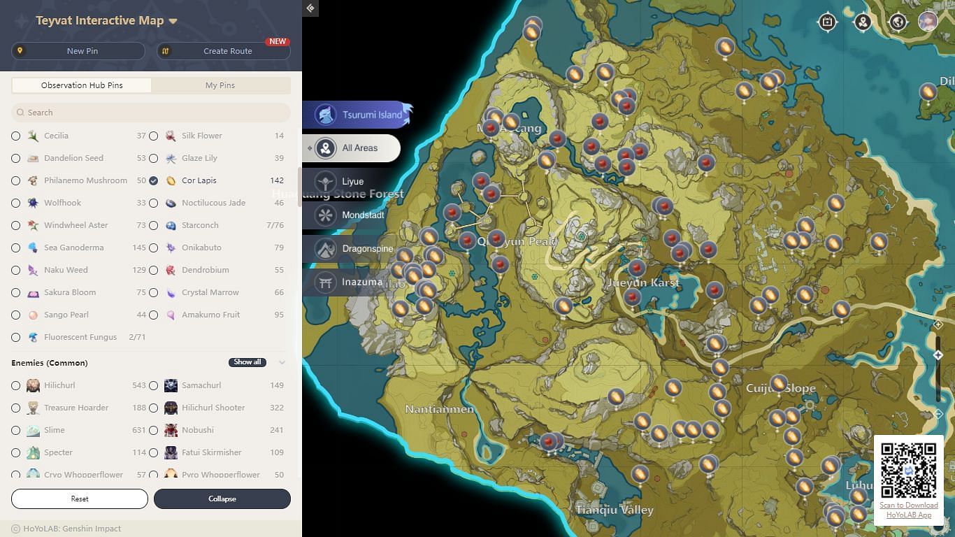 The map can show the location of multiple materials at once (Image via Teyvat Interactive Map)