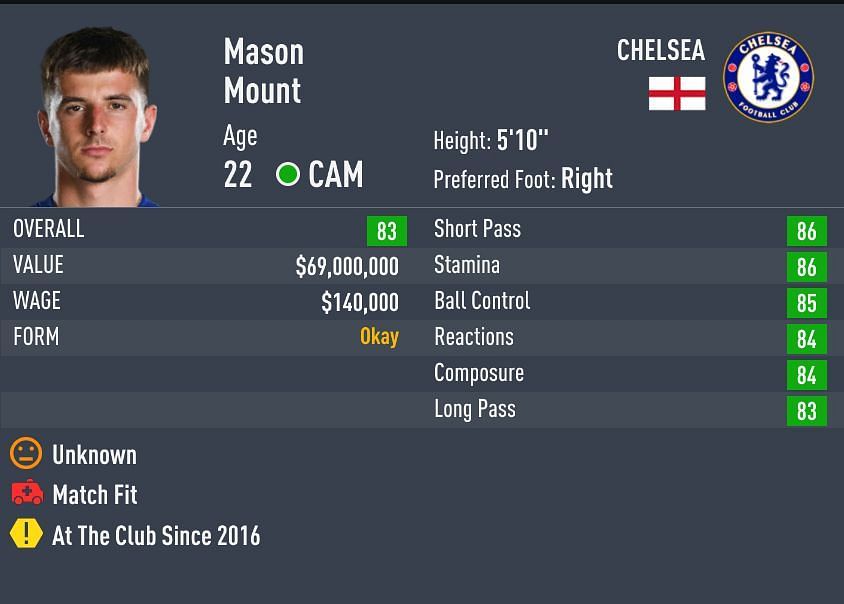Mount&#039;s potential starts at 89 in FIFA 22 Career Mode (Image via Sportskeeda)