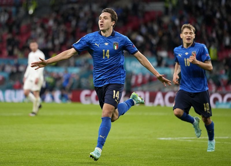 Federico Chiesa celebrates after scoring for Italy against Spain in the Euro 2020 semi-final