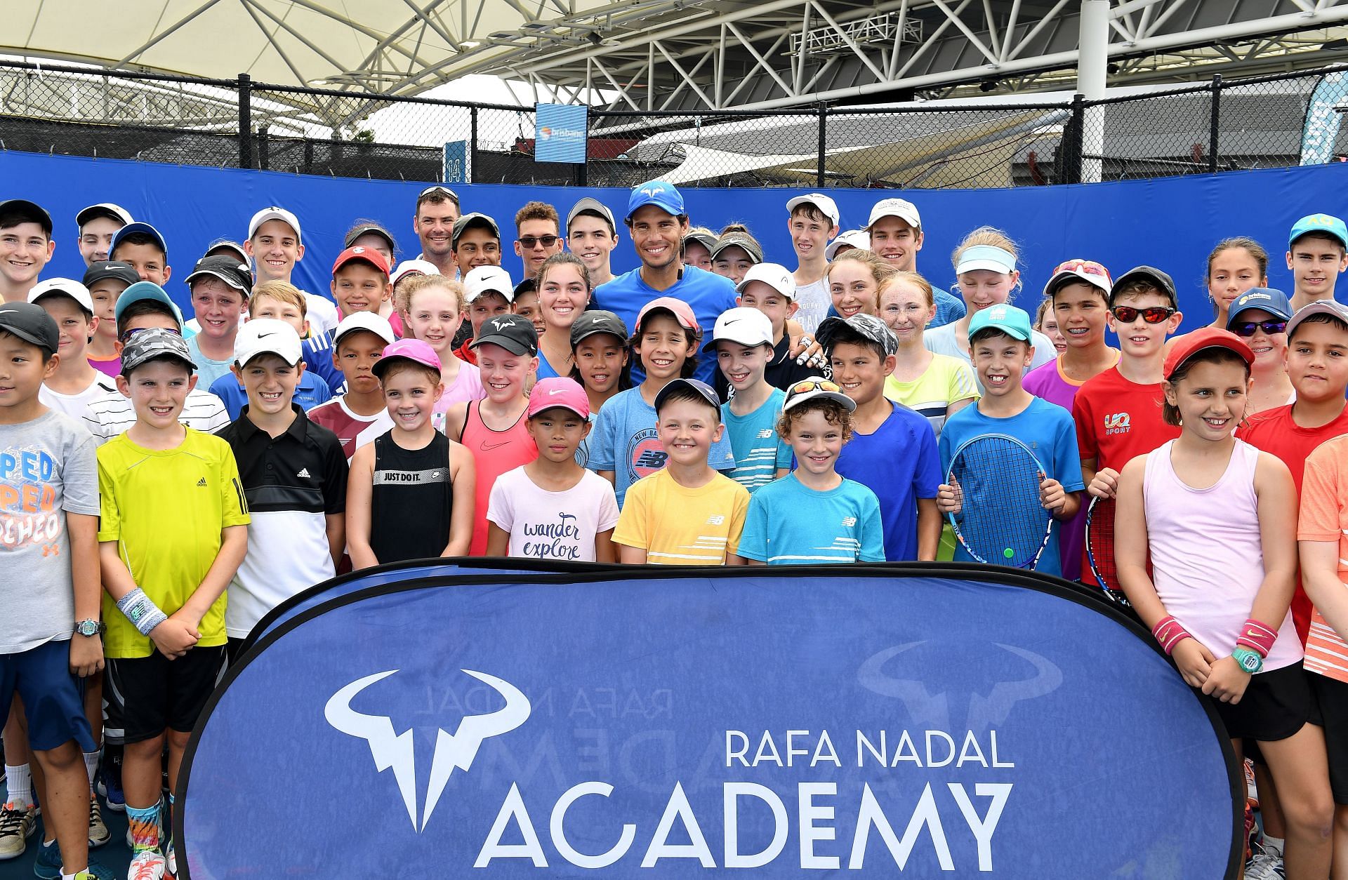 Rafael Nadal with youngsters selected for Rafa Nadal Academy training in Brisbane, 2019