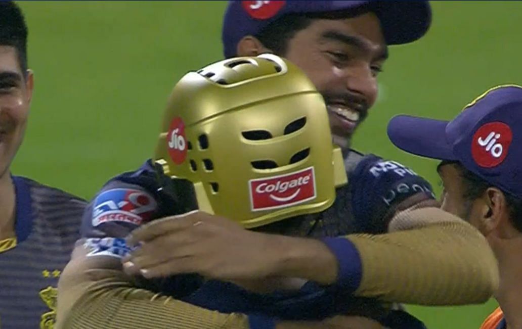 Venkatesh Iyer hugs Rahul Tripathi after KKR&#039;s win. Pic: IPLT20.COM