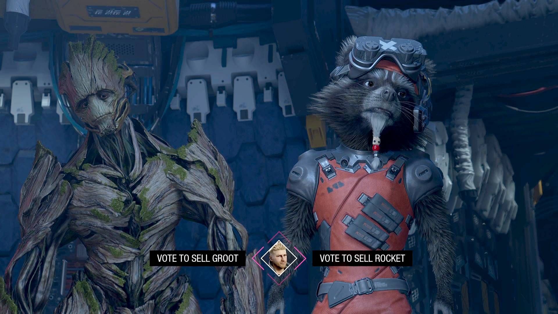 The choice to sell Groot or Rocket in Marvel&#039;s Guardians of the Galaxy (Image via Square Enix)