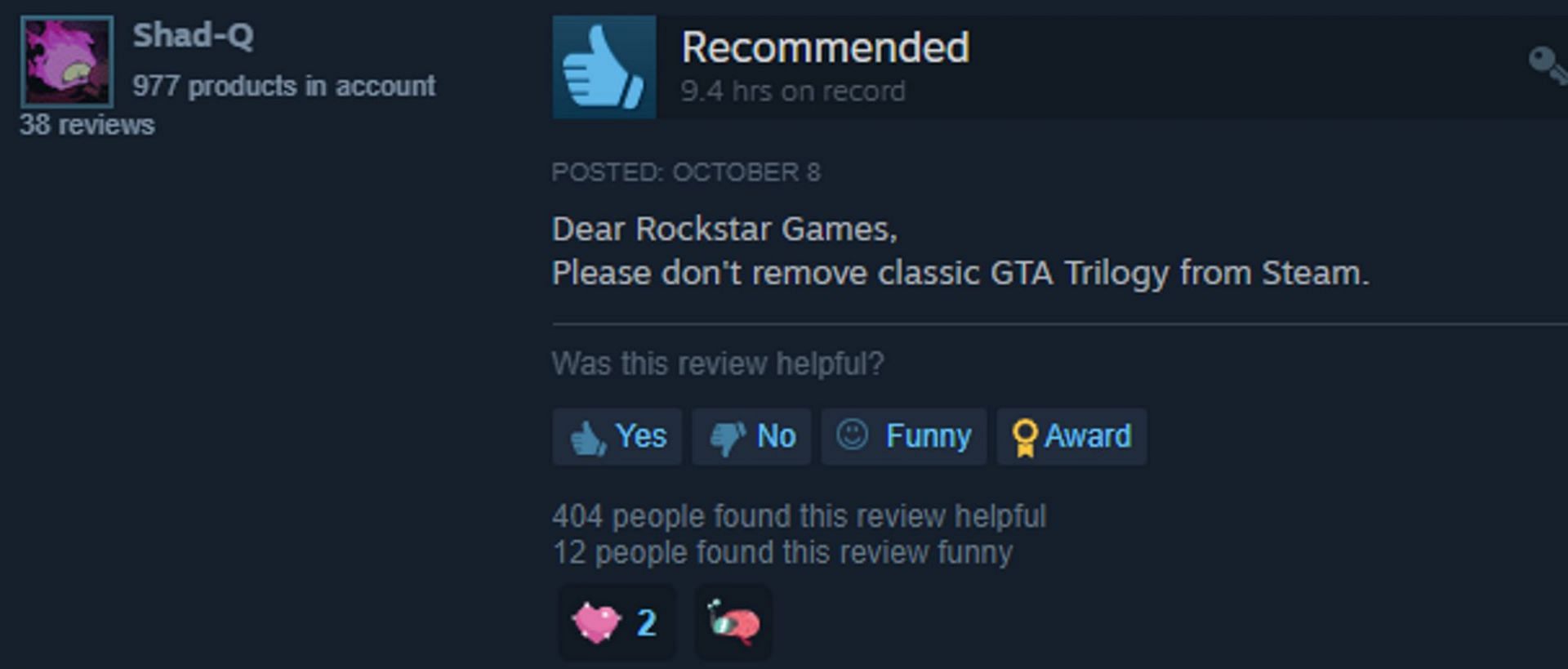A player urging Rockstar Games to not remove the games from Steam (Image via Steam)