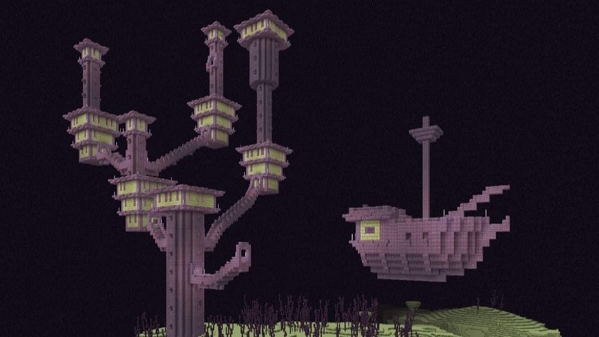 End Cities with End Ships (Image via Minecraft)