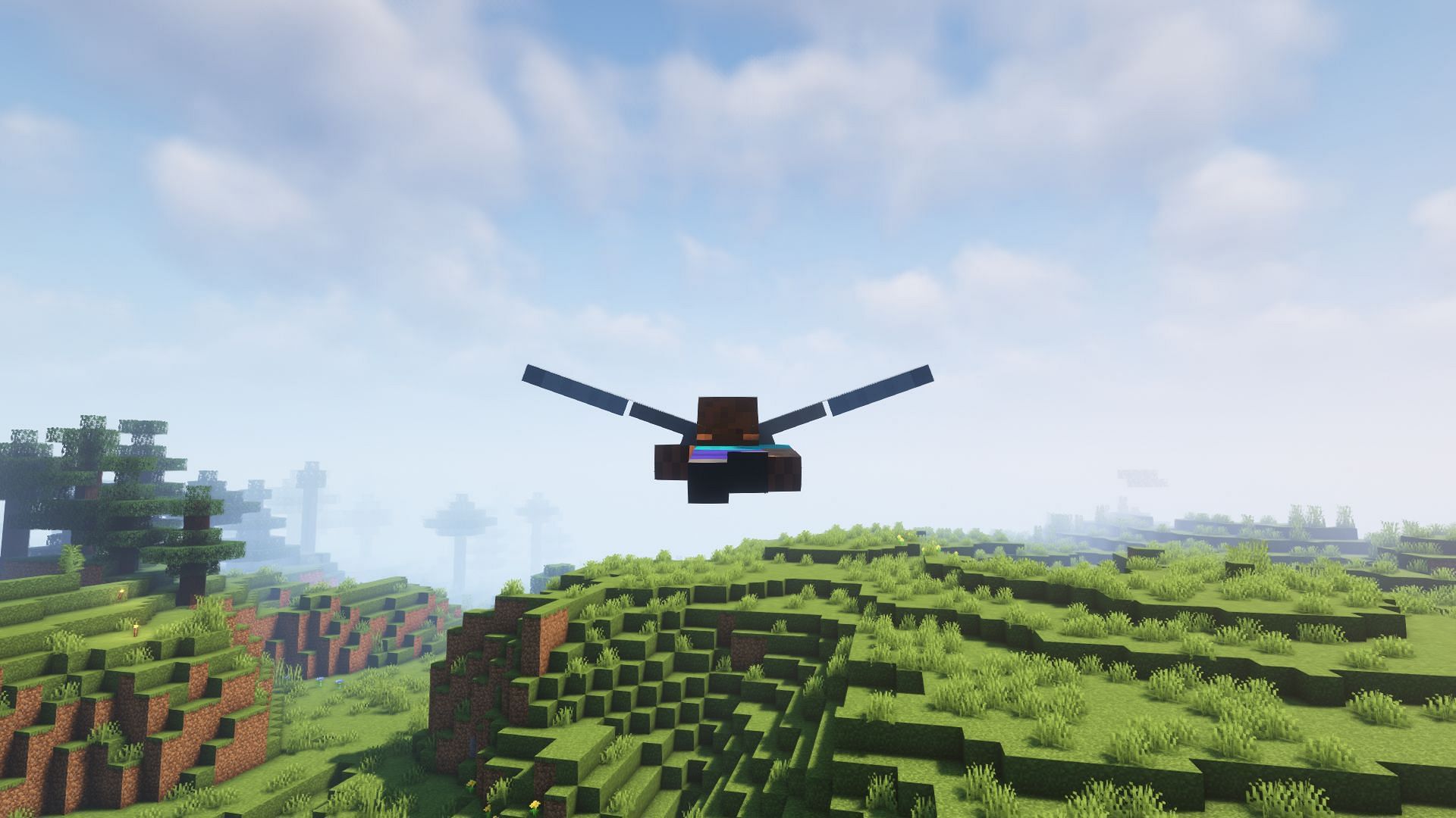 Steve flying using an elytra (Image via Minecraft)