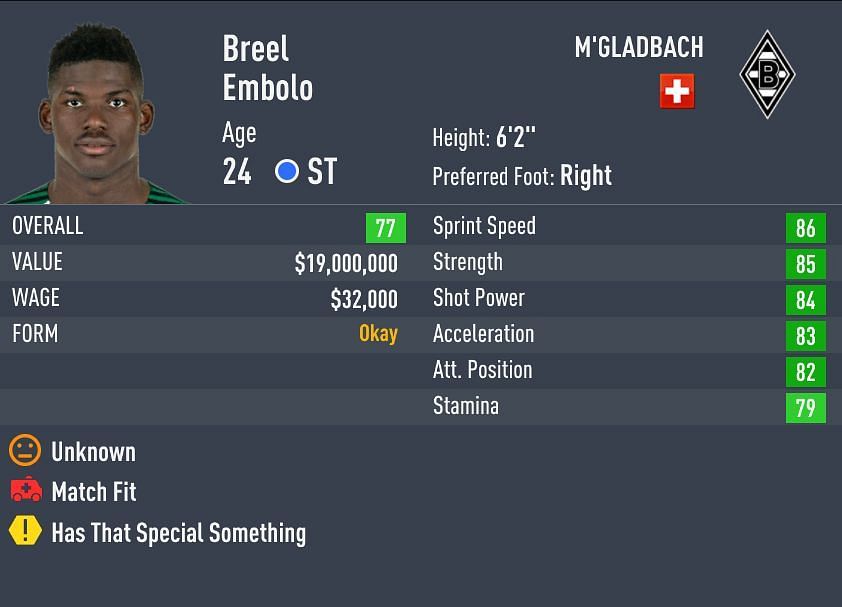 A strong presence in the box is what players can expect with Embolo (Image via Sportskeeda)