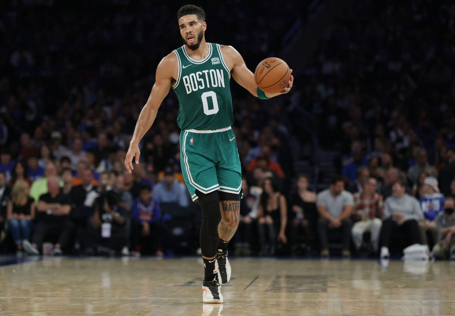 Jayson Tatum #0 of the Boston Celtics dribbles during the second half against the New York Knicks at Madison Square Garden on October 20, 2021 in New York City.