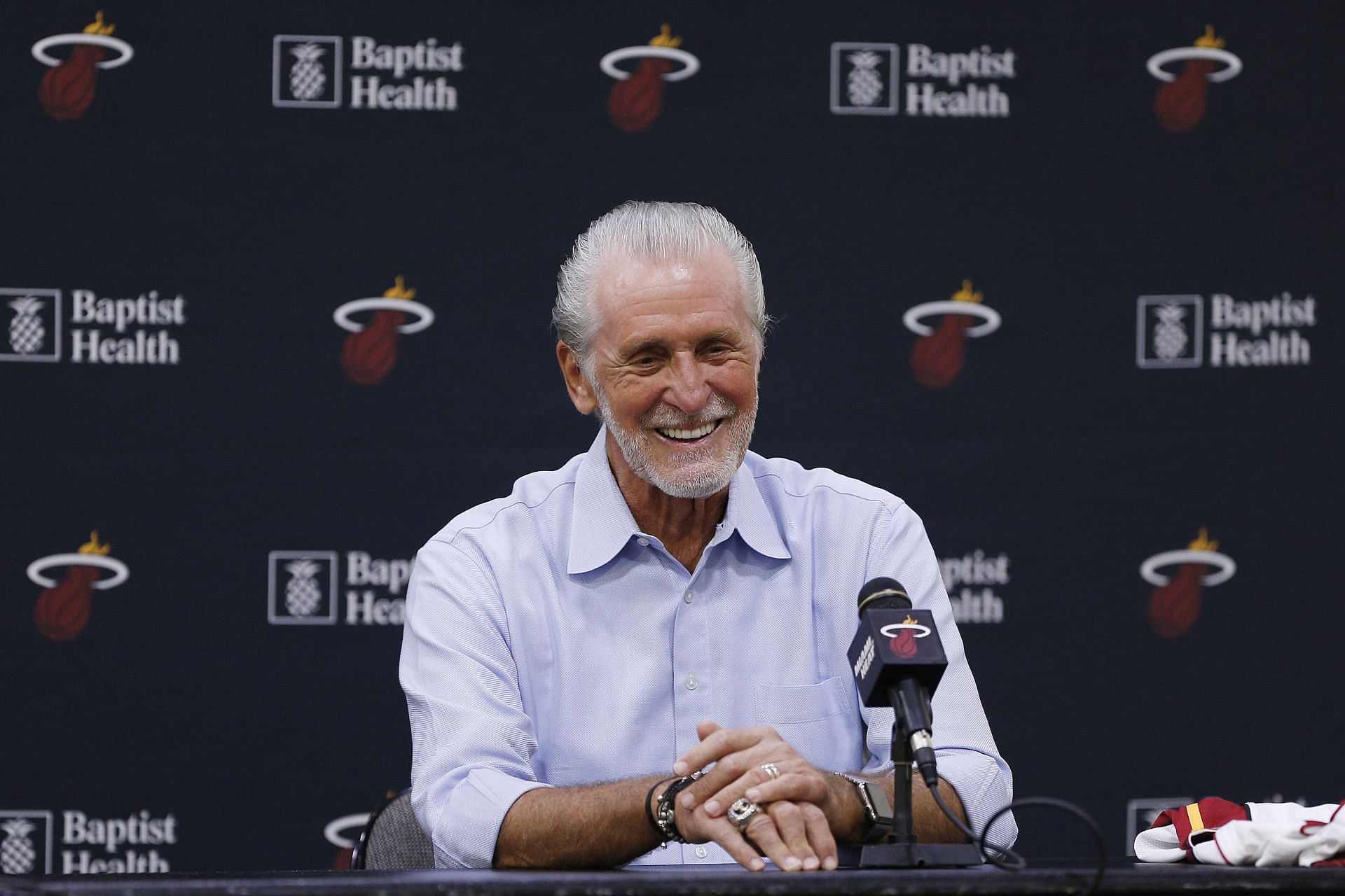President Pat Riley of the Miami Heat addresses the media during the introductory press conference for Jimmy Butler at American Airlines Arena on September 27, 2019 in Miami, Florida.
