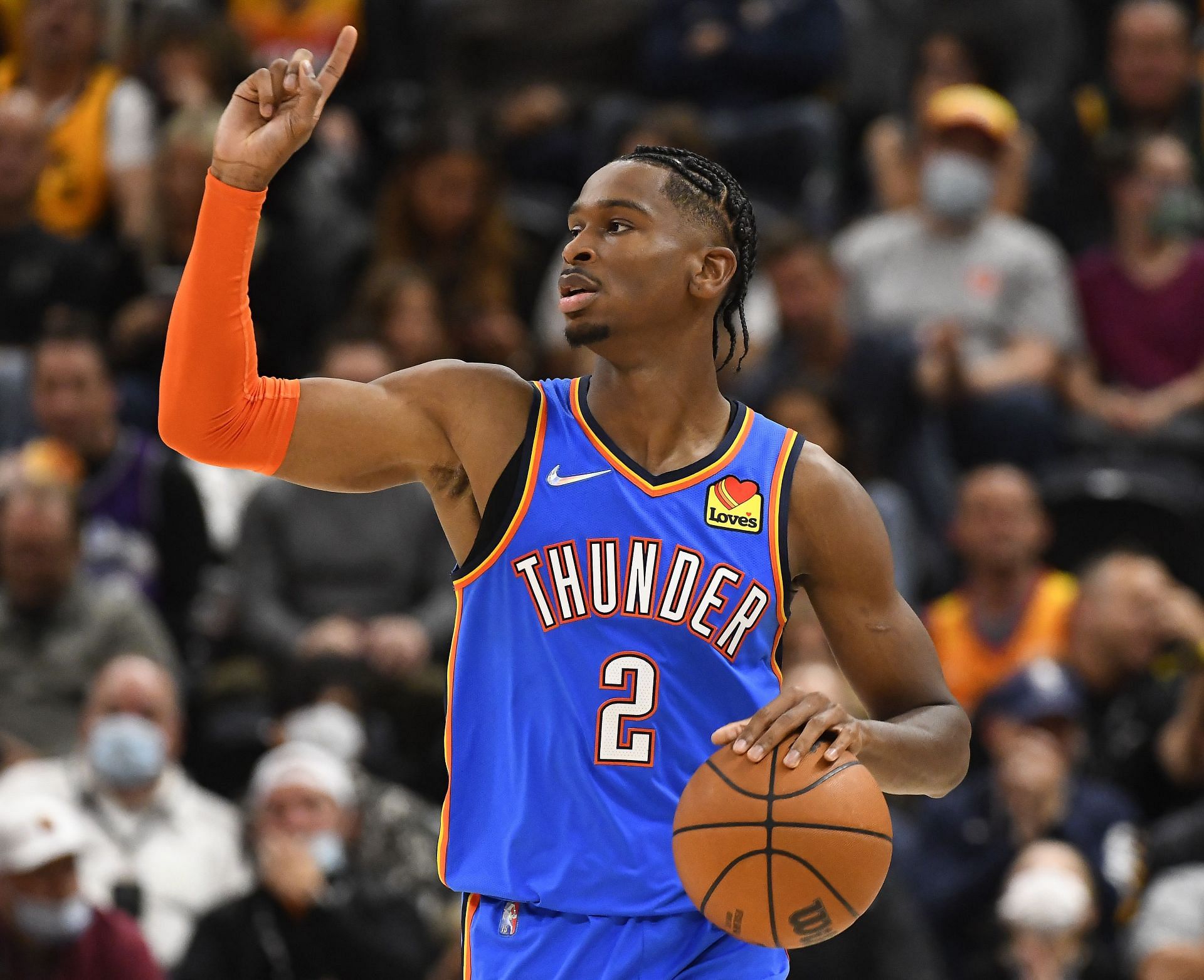 Shai Gilgeous-Alexander #2 of the Oklahoma City Thunder in action during a game against the Utah Jazz at Vivint Smart Home Arena on October 20, 2021 in Salt Lake City, Utah.