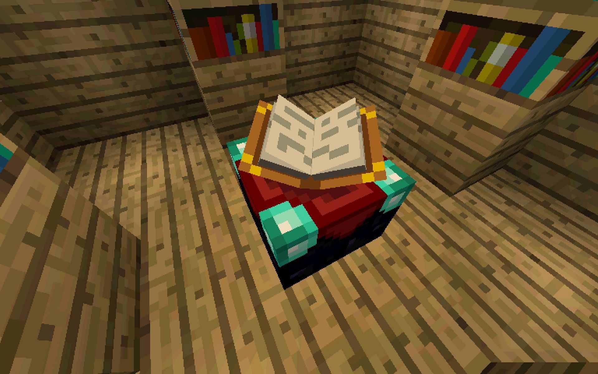 Players can use enchanting tables to enchant their items in-game. Image via Minecraft.