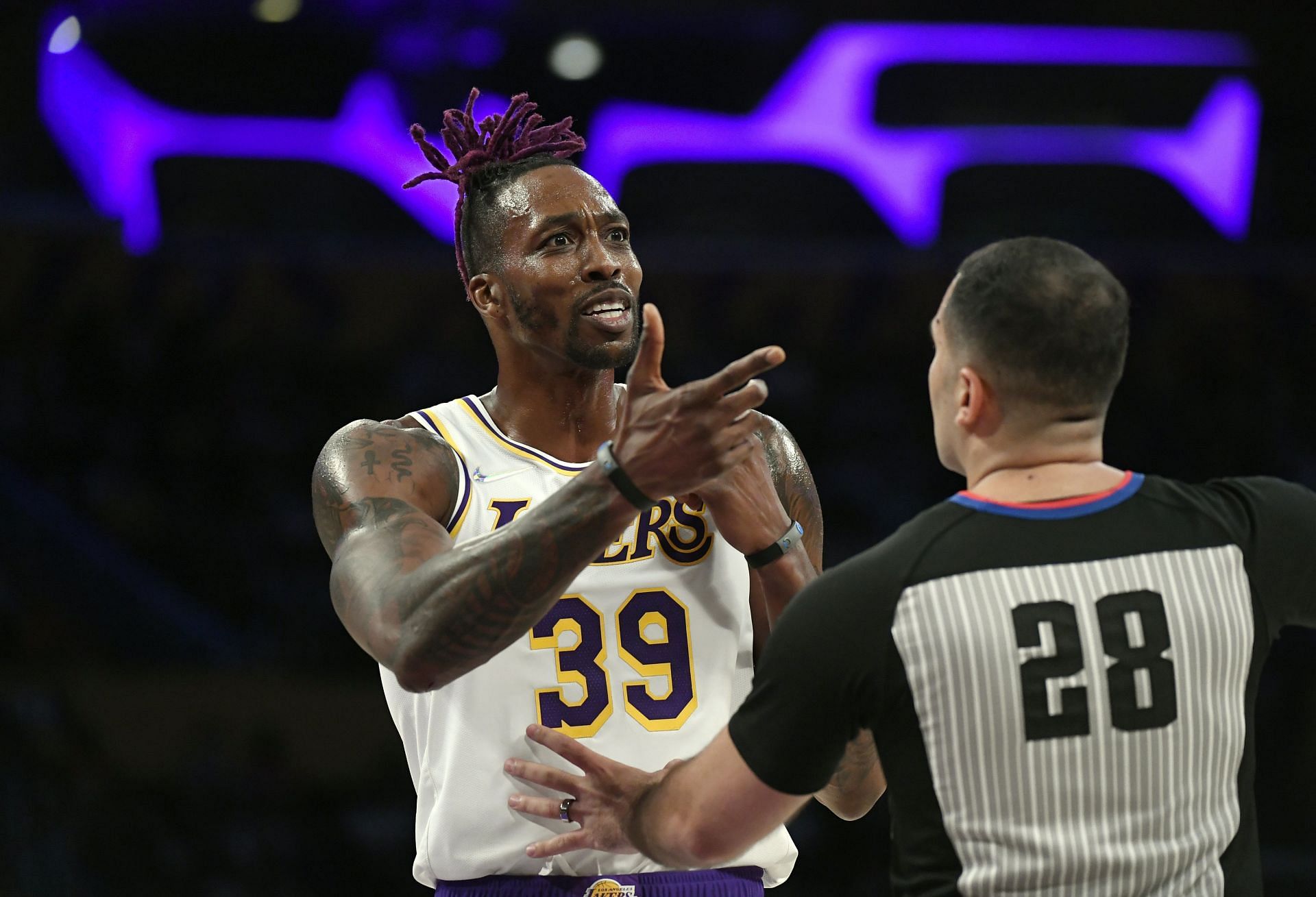 Dwight Howard argues a call at the Brooklyn Nets vs LA Lakers game