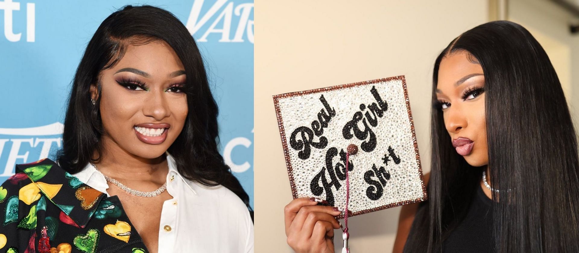 Megan Thee Stallion flaunting her graduation cap (Image via Getty Images/Amanda Edwards, and Twitter/theestallion)