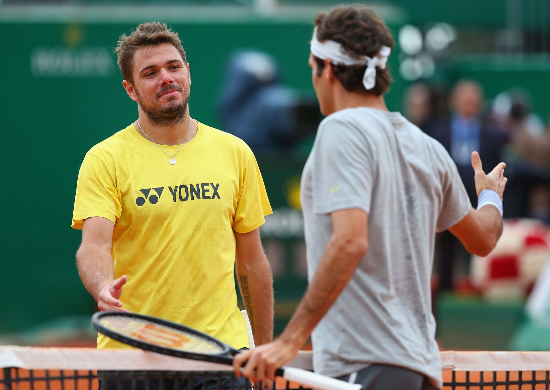 Stan Wawrinka practicing with Roger Federer at the 2014 Monte-Carlo Masters