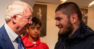 Khabib Nurmagomedov meets Sir Alex Ferguson and Usain Bolt at Old Trafford during Manchester United vs. Everton match