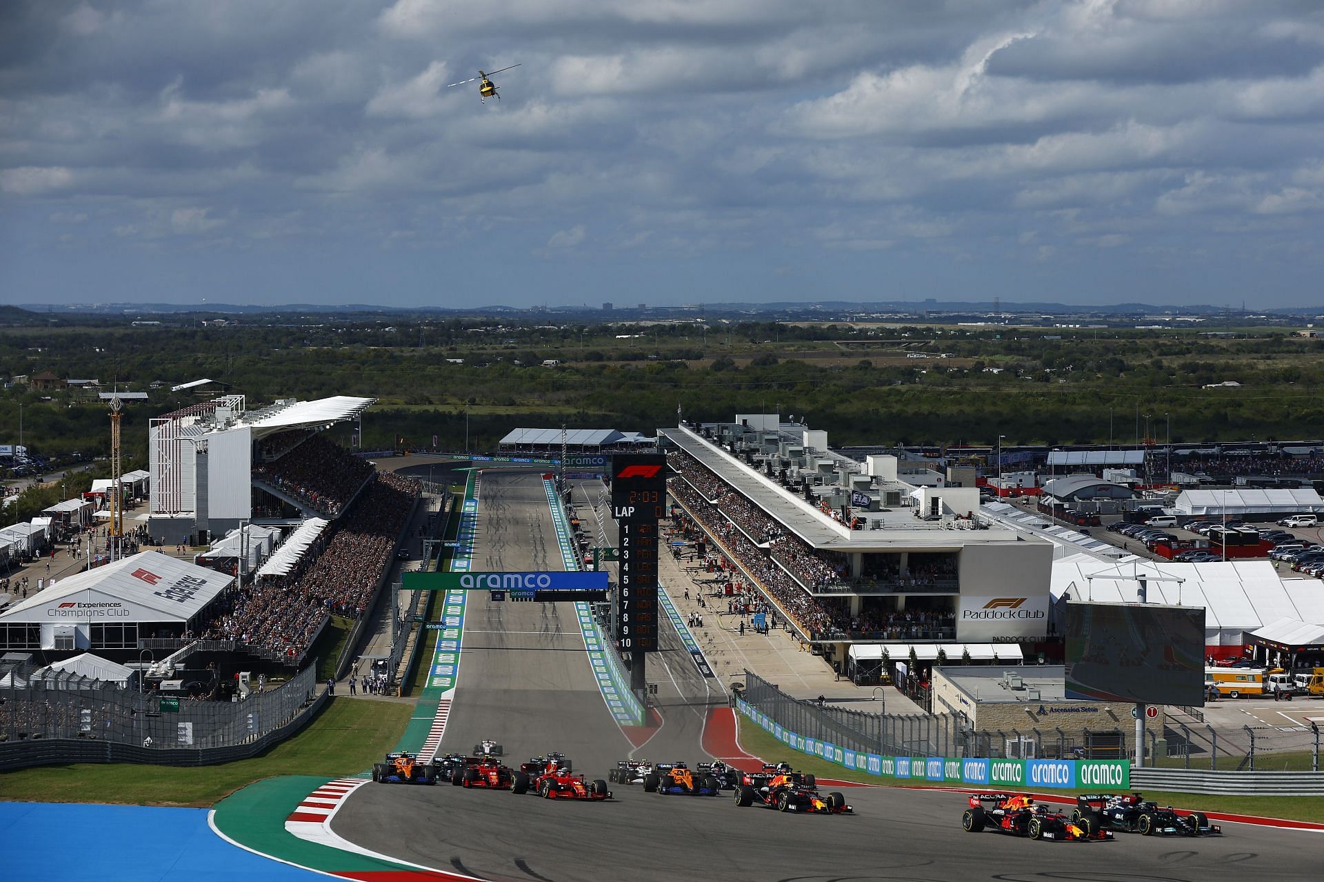 Lewis Hamilton gets the drop on Max Verstappen on the opening lap of the 2021 USGP at Circuit of The Americas in Austin, Texas. (Photo by Jared C. Tilton/Getty Images)