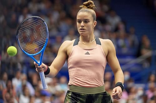 Maria Sakkari in action at the J&T Banka Ostrava Open 2021