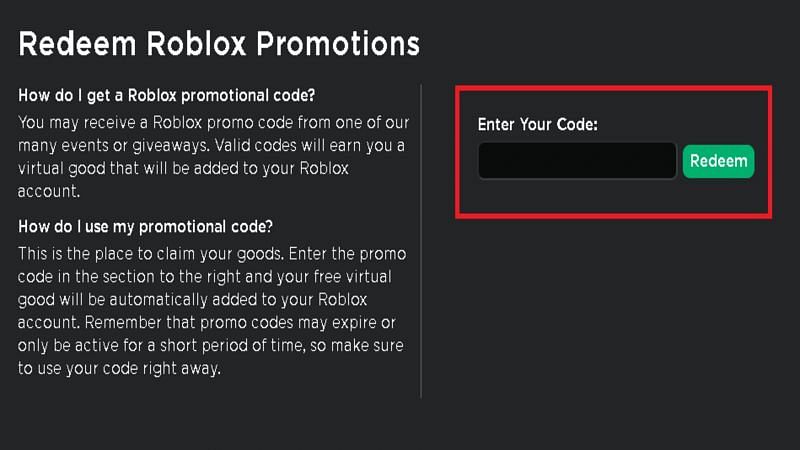 Type in the code and click &quot;Redeem&quot; (Image via Roblox)