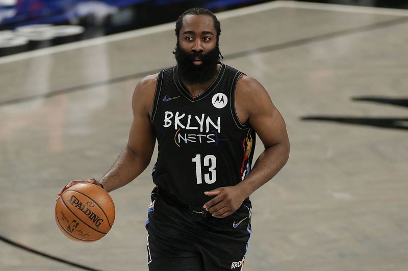 James Harden #13 of the Brooklyn Nets dribbles during the second half of Game Two of their Eastern Conference first-round playoff series against the Boston Celtics at Barclays Center on May 25, 2021 in the Brooklyn borough of New York City.