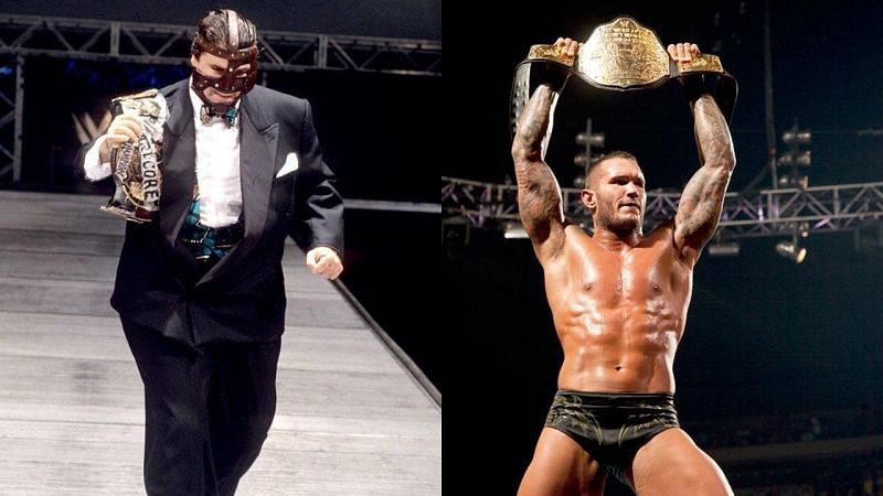 Mankind with the Hardcore Title and Randy Orton with the World Heavyweight Title