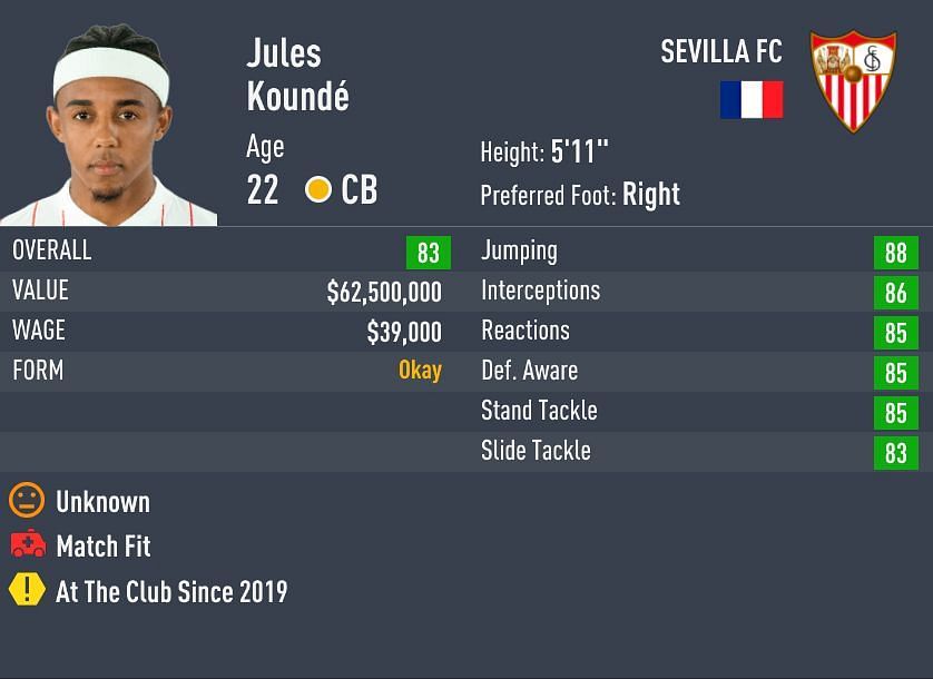 Kounde has a pace rating of 81 (Image via Sportskeeda)
