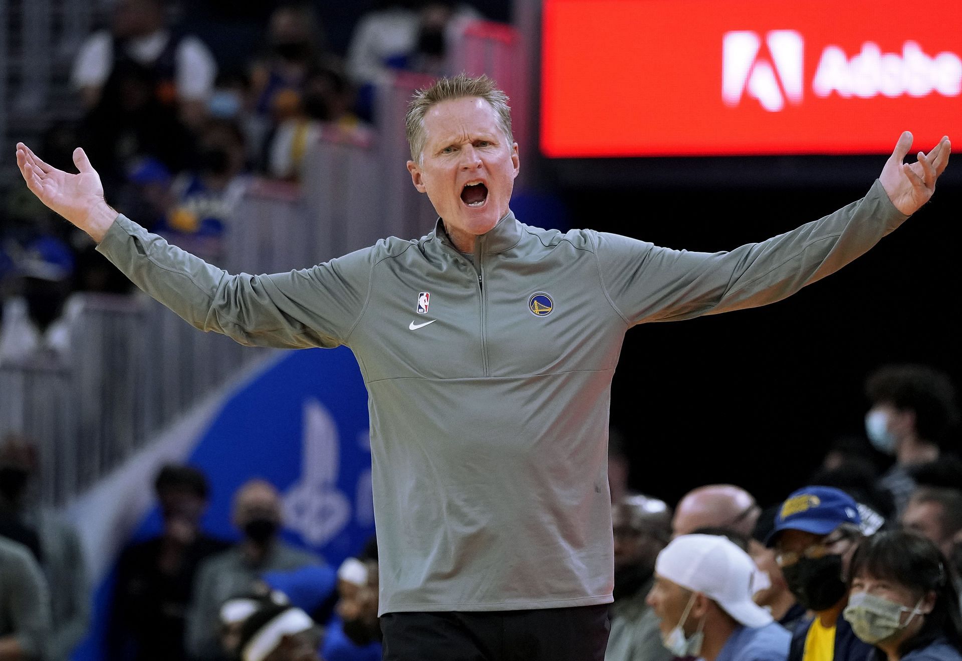 Head coach Steve Kerr of the Golden State Warriors reacts to a call during the first half of their game against the Portland Trail Blazers at Chase Center on October 15, 2021 in San Francisco, California.