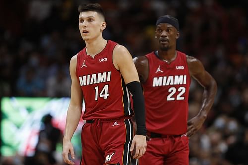 Tyler Herro and Jimmy Butler of the Miami Heat.