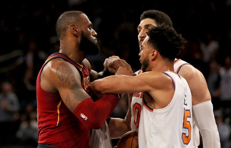 Enes Kanter and LeBron James exchange words during a game in 2017