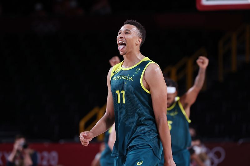 Dante Exum #11 of Team Australia celebrates a win over Slovenia in the Men&#039;s Basketball Bronze medal game on day fifteen of the Tokyo 2020 Olympic Games at Saitama Super Arena on August 07, 2021 in Saitama, Japan.