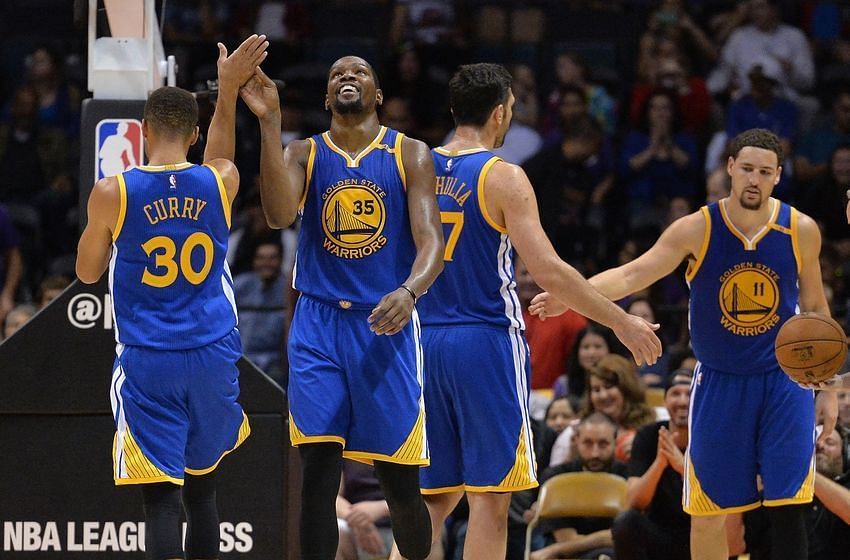 Stephen Curry, Kevin Durant, Zaza Pachulia and Klay Thompson of the Golden State Warriors during the 2016-17 NBA preseason in San Diego